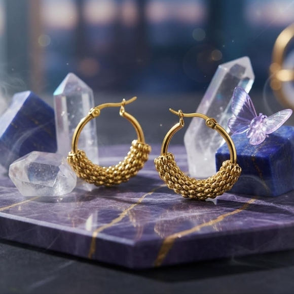 Boho Chic Textured Minimalist Hoop Earrings 18K Gold Plated Stainless Steel - Picture 16 of 16